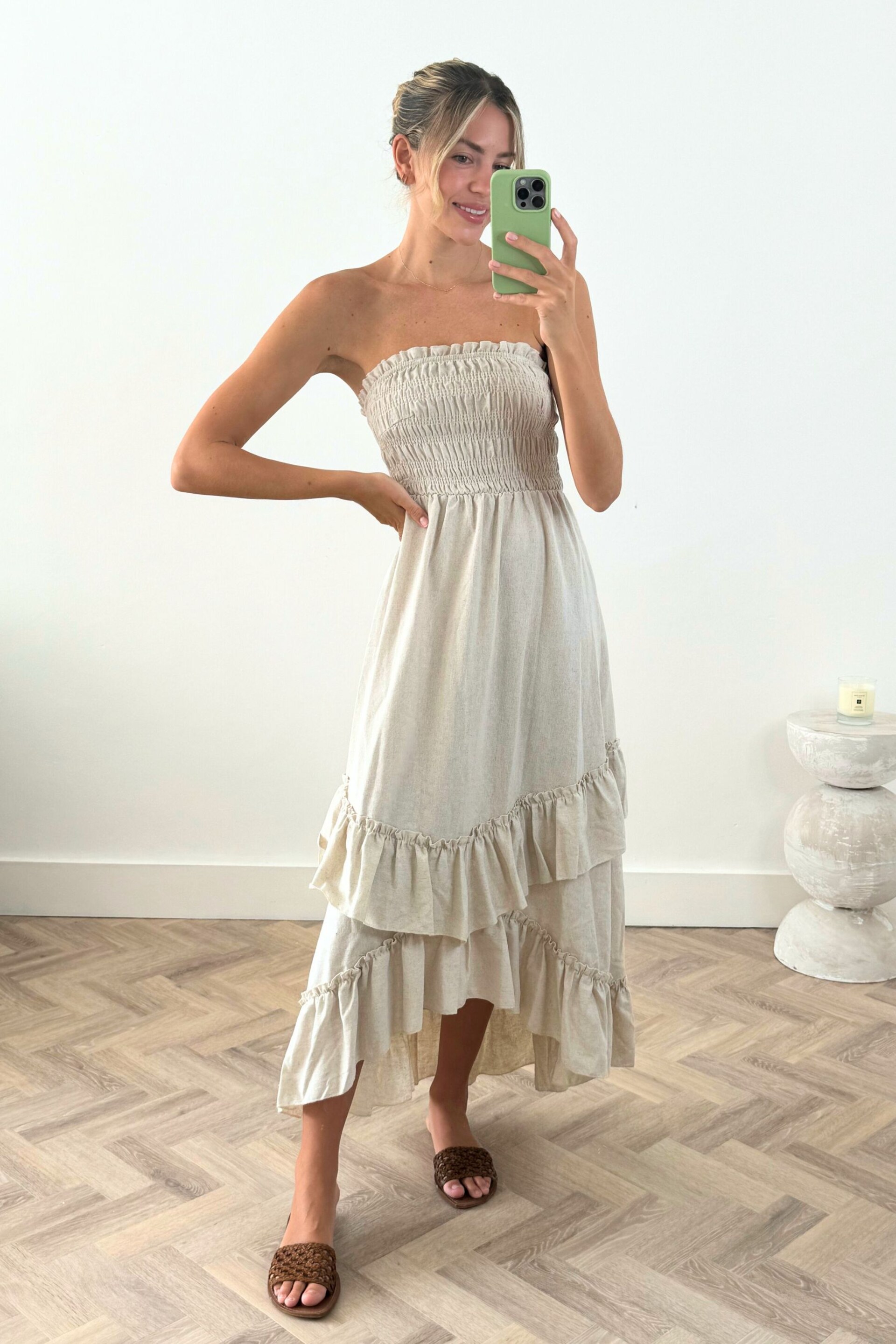 Style Cheat Cream Ruffle Shirred Bandeau Midi Dress - Image 1 of 4