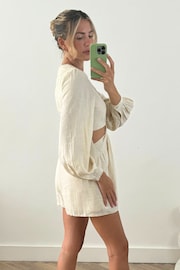 Style Cheat Cream Rosemarie Cut Out Linen Blend Playsuit - Image 2 of 4