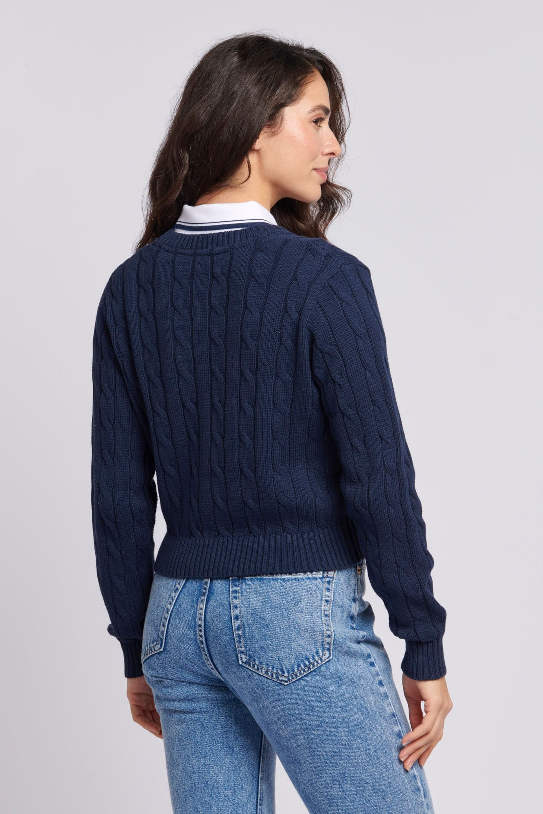 U.S. Polo Assn. Blue Cable Knit Womens Cropped Cardigan large