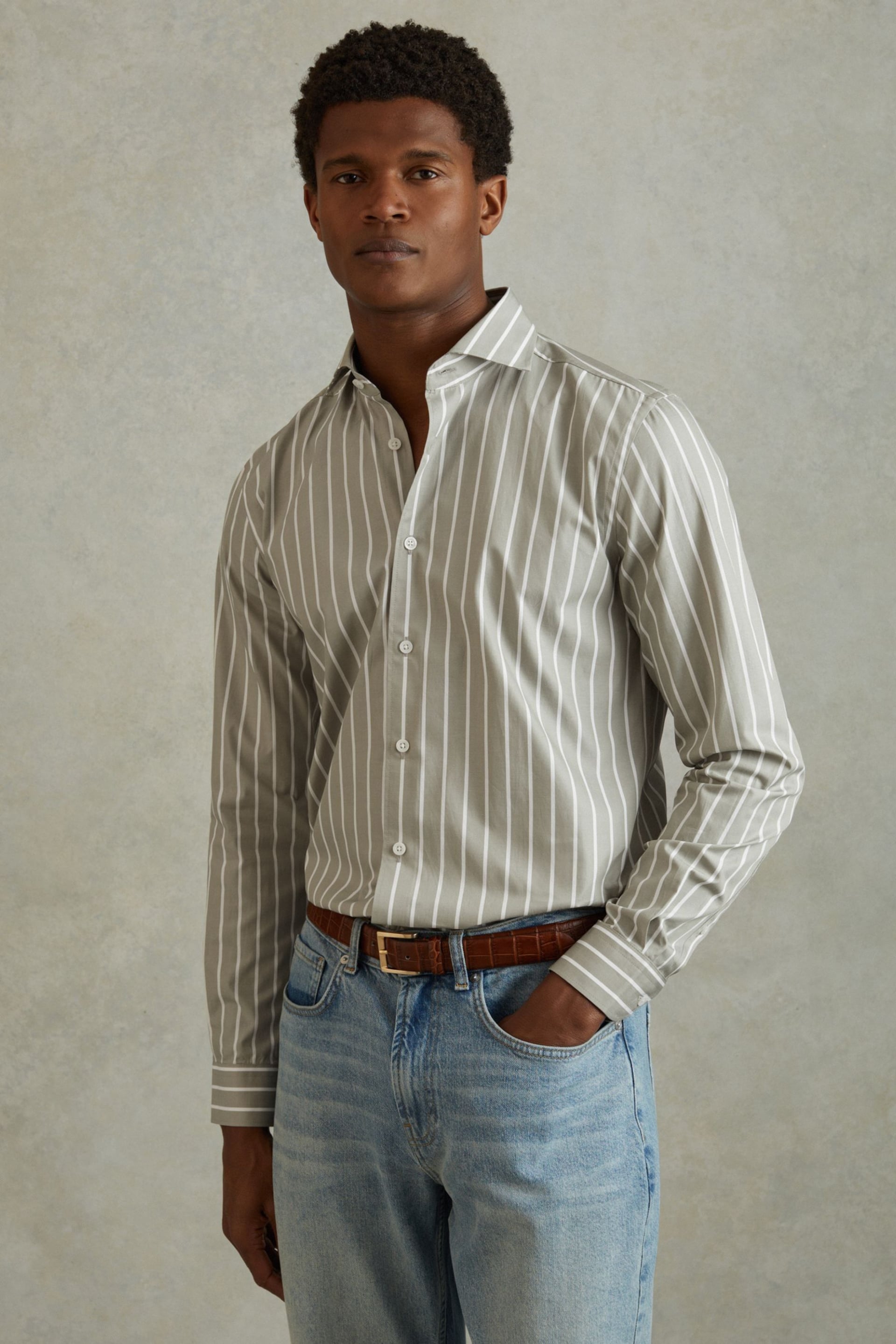Reiss Sage/White Omar Cotton Striped Cutaway Collar Shirt - Image 1 of 6