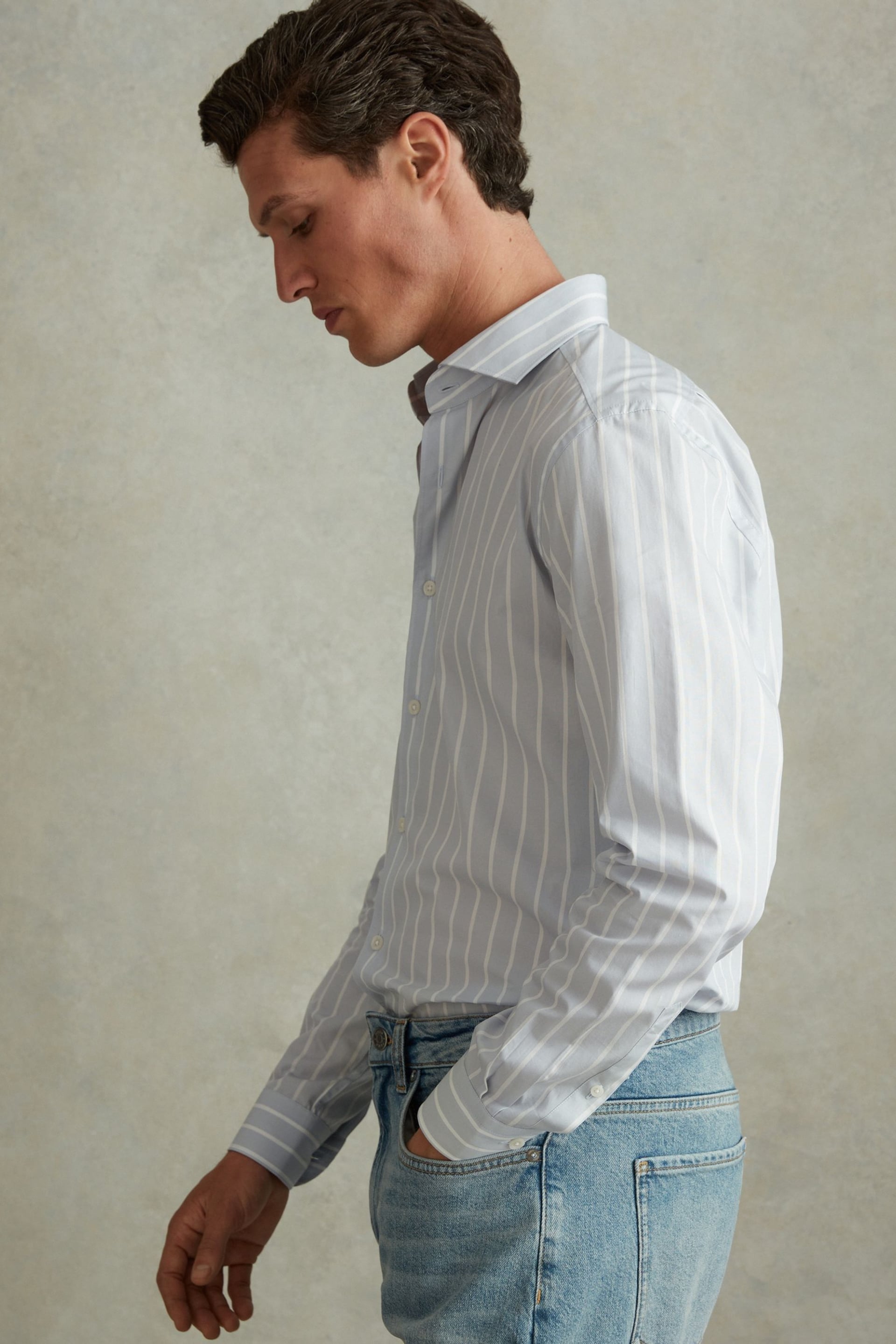 Reiss Blue/White Omar Cotton Striped Cutaway Collar Shirt - Image 1 of 6