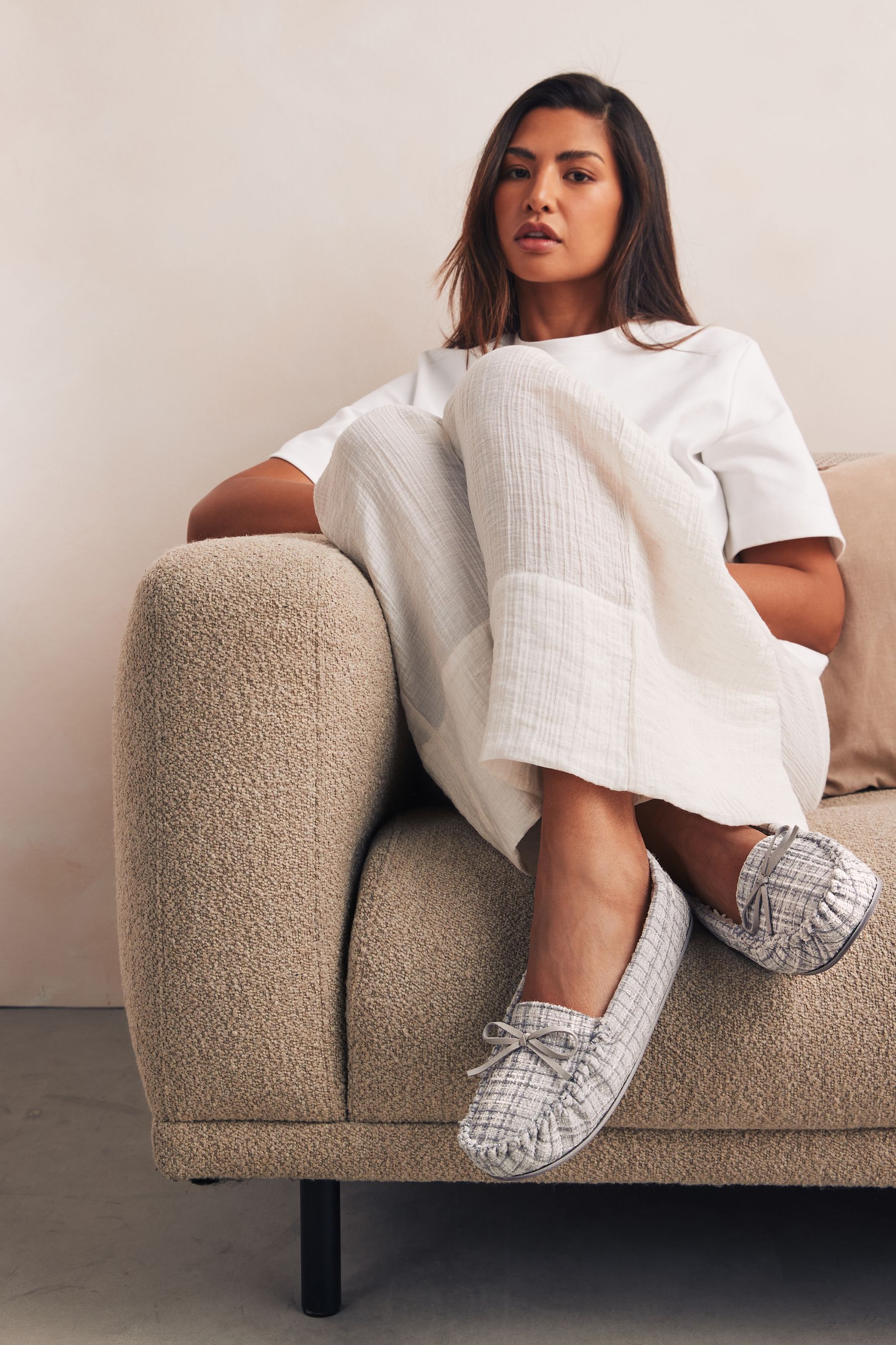 Gray moccasin slippers sales
