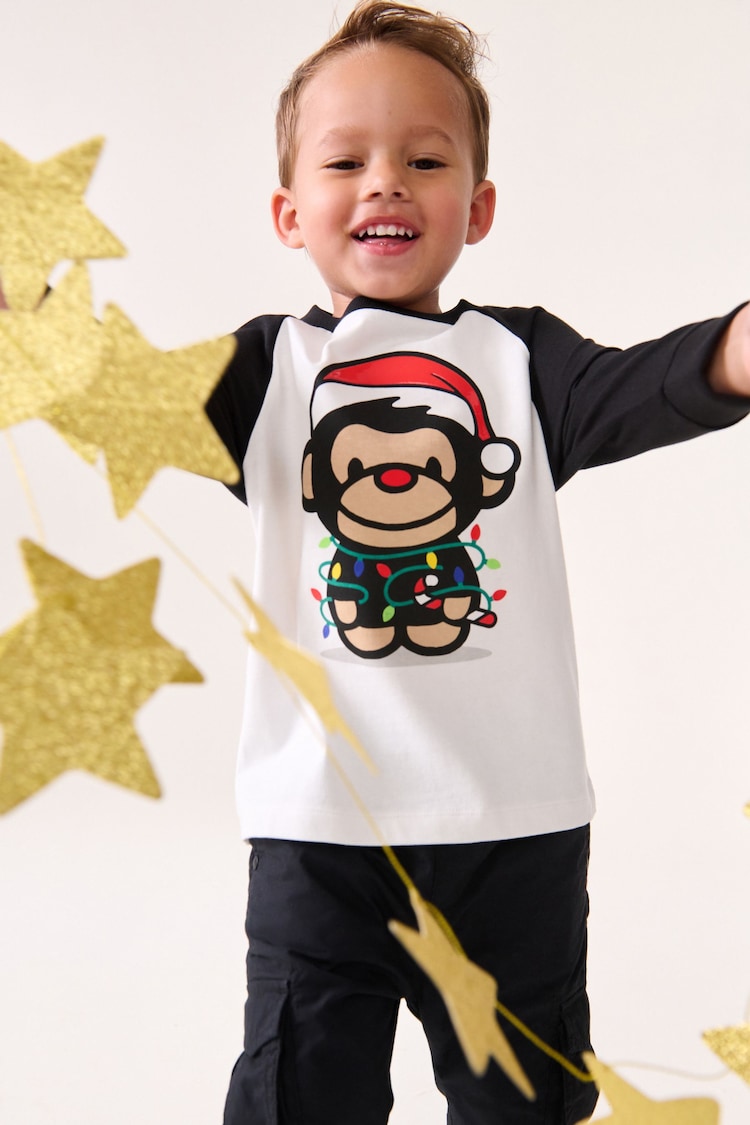 Black/White Long Sleeve Christmas 100% Cotton T-Shirt (3mths-7yrs) - Image 1 of 8