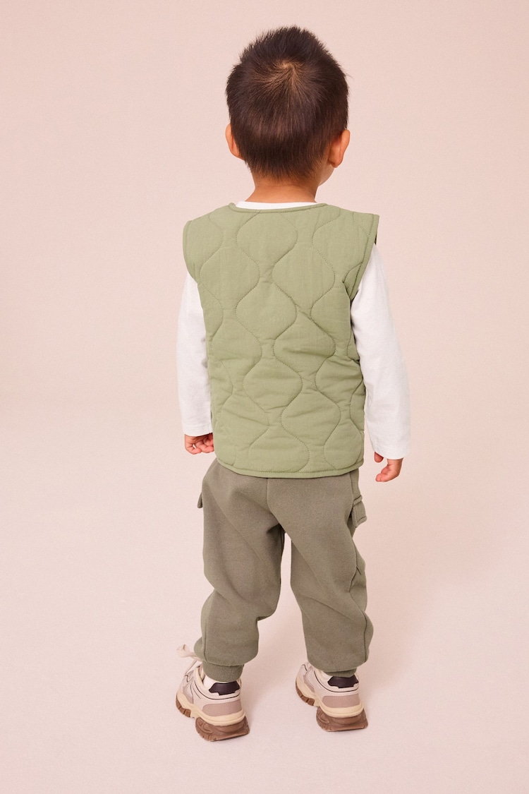 Khaki/Stone Quilted Gilet and Utility Joggers 3 Piece Set (3mths-7yrs) - Image 2 of 10