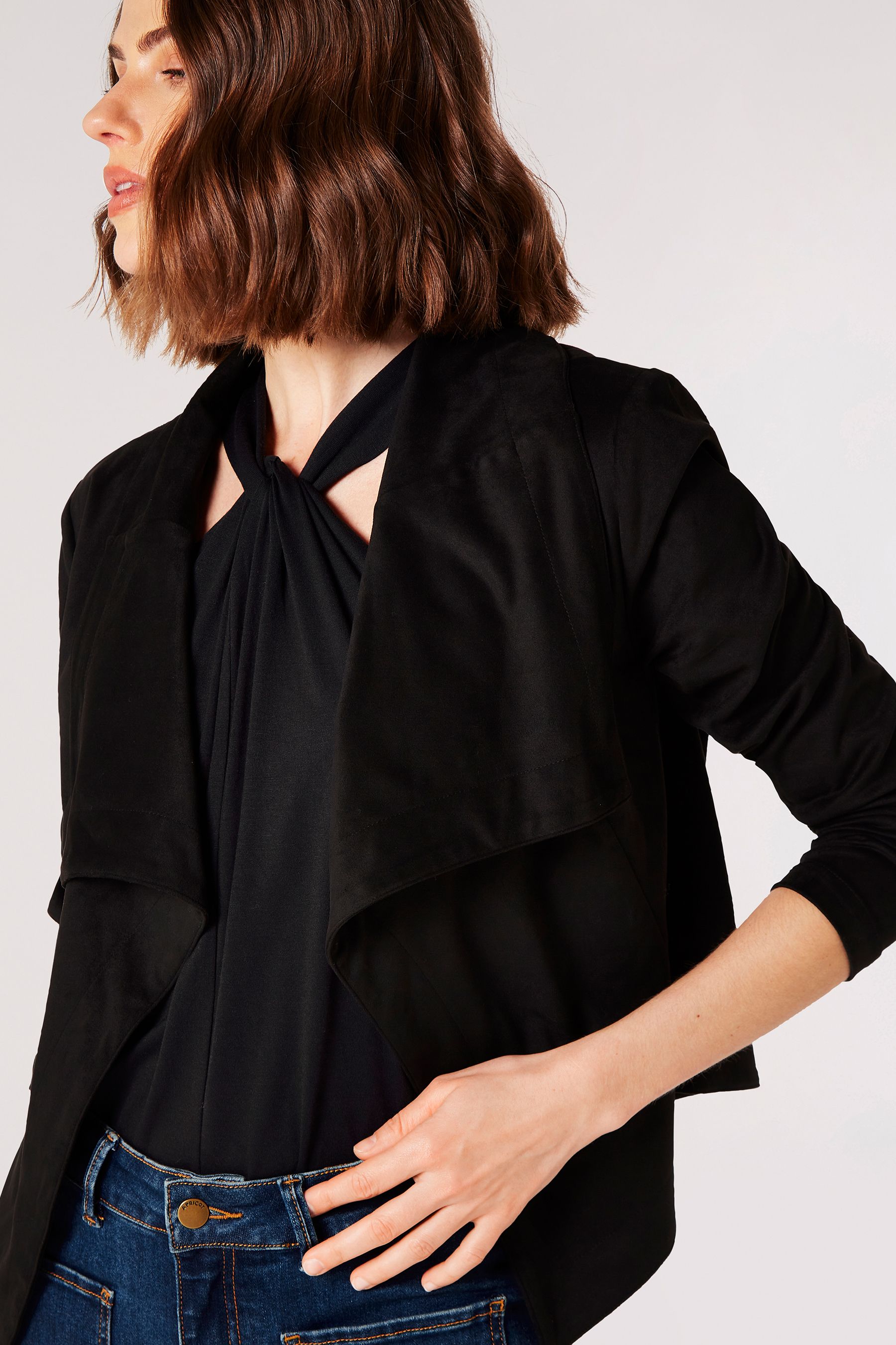 Buy Apricot Black Cropped Suede Waterfall Jacket from the Next UK online shop