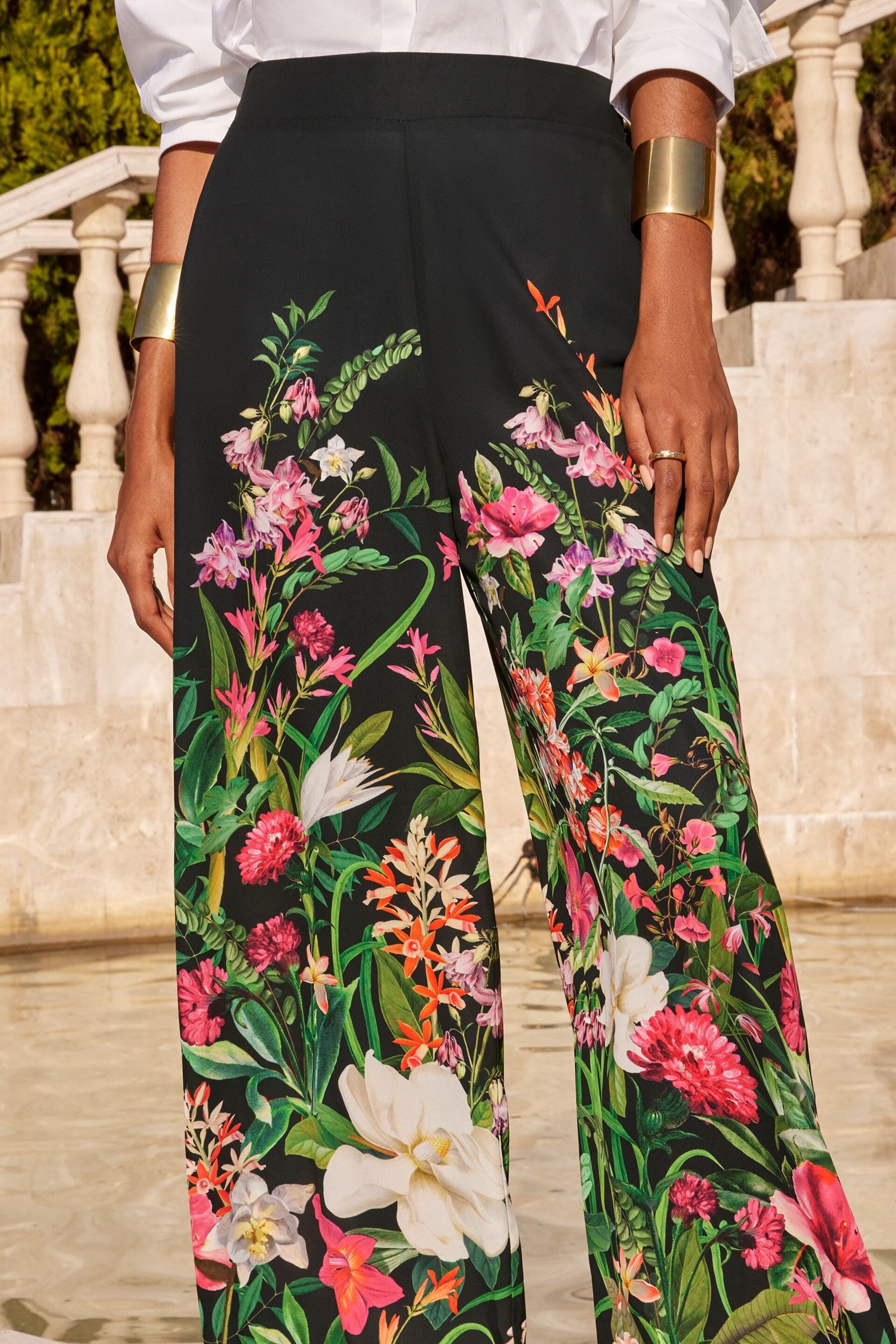 V&A | Love & Roses Black Floral Palazzo Wide Leg Trousers - Image 3 of 4