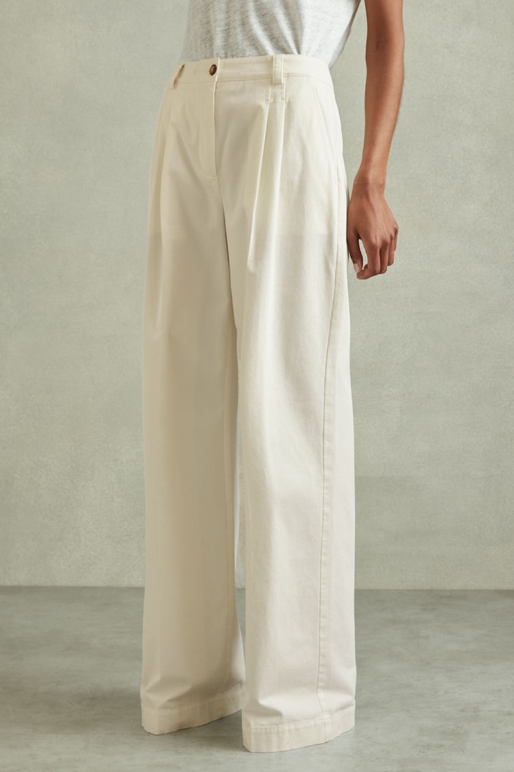 Reiss White Astrid Petite Cotton Blend Wide Leg Trousers - Image 1 of 7