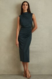 Reiss Dark Green Beaux Modal Blend Ruched Midi Dress - Image 1 of 6