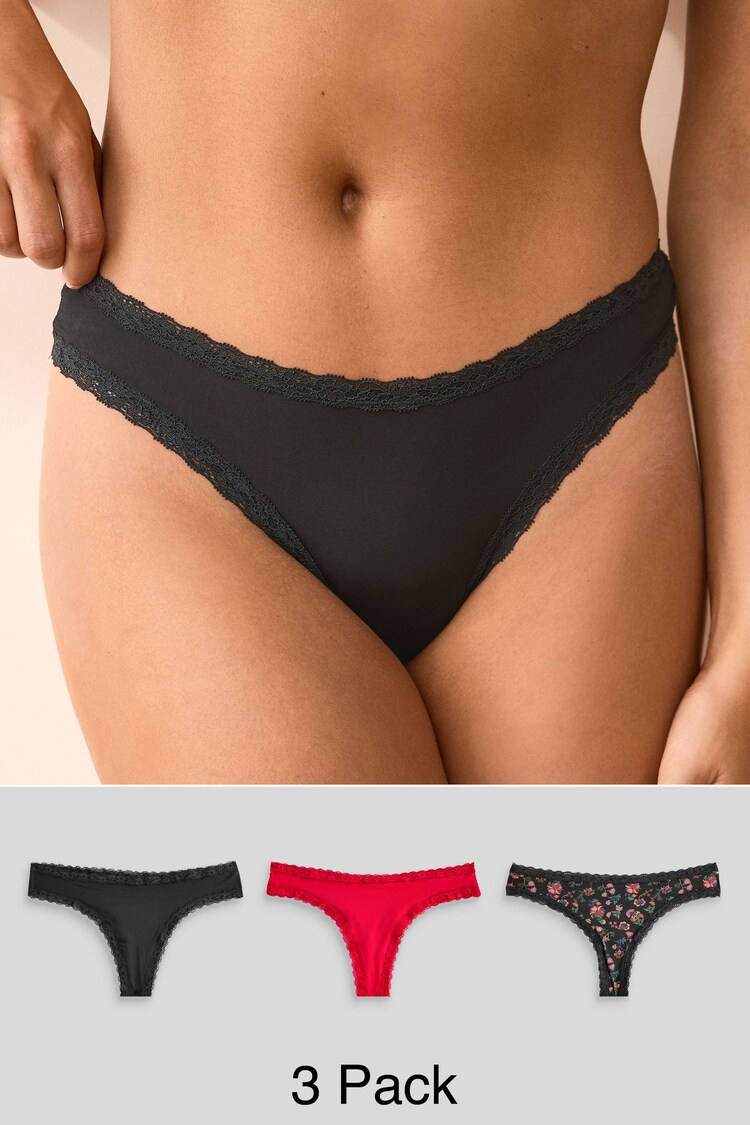 Black/Red Thong Knickers 3 Pack - Image 1 of 9