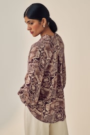 Brown Snake Print Long Sleeve Tie Neck Blouse - Image 2 of 5