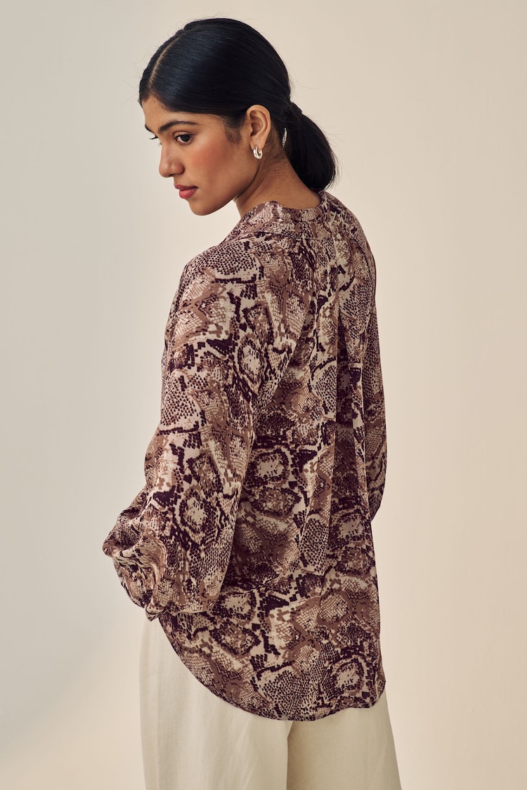 Brown Snake Print Long Sleeve Tie Neck Blouse - Image 2 of 5