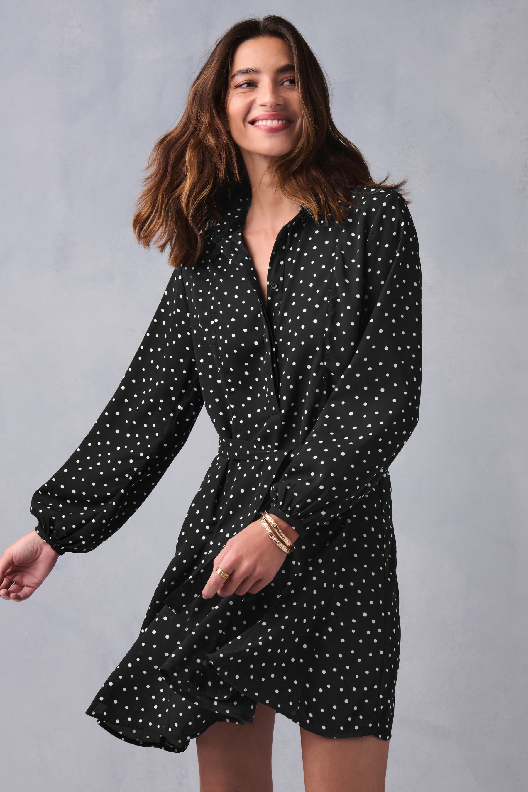 Buy Monochrome Polka Dot Tie Bow Long Sleeve Mini Dress from the Next UK online shop