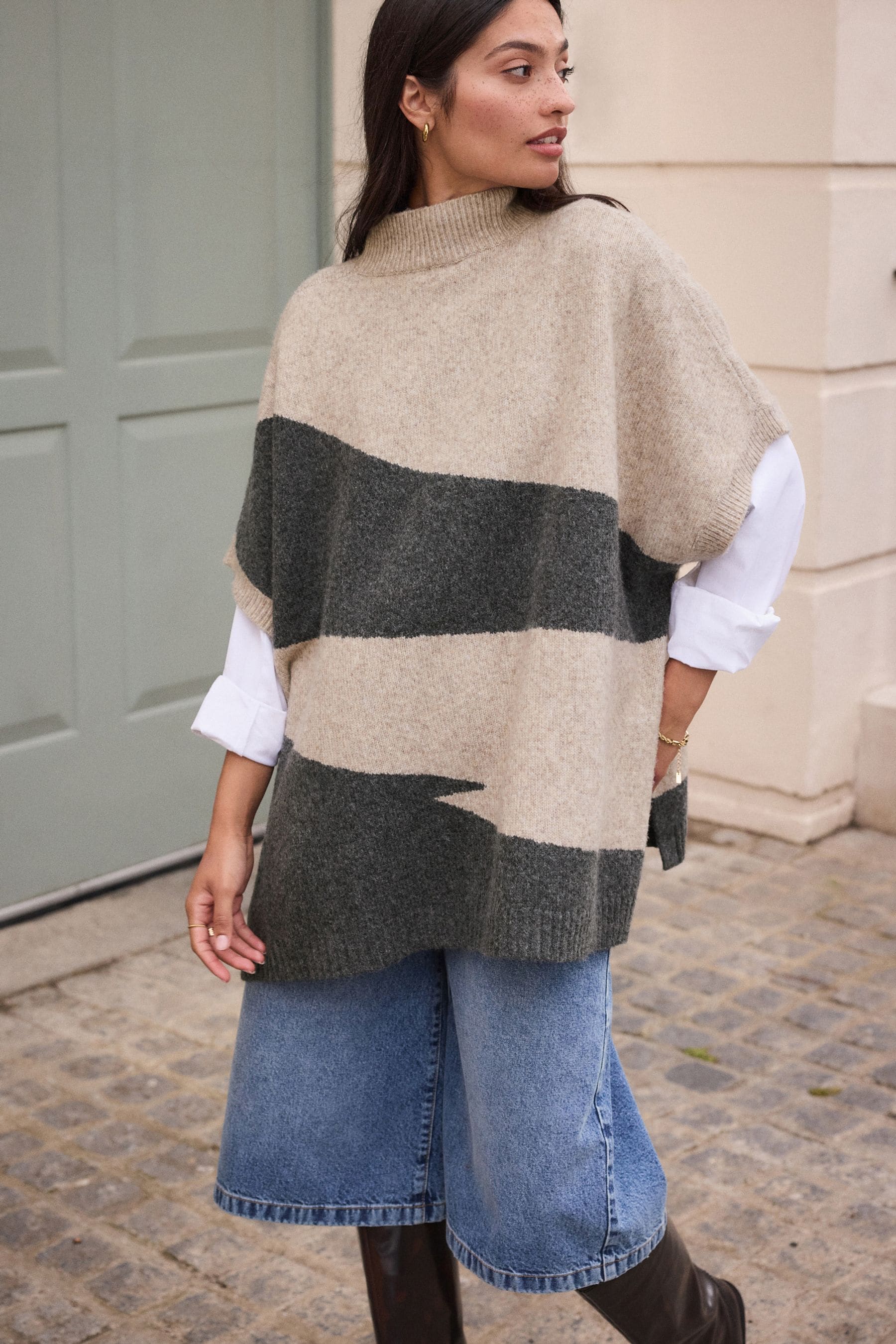 Oatmeal Charcoal Grey Abstract Knit Poncho