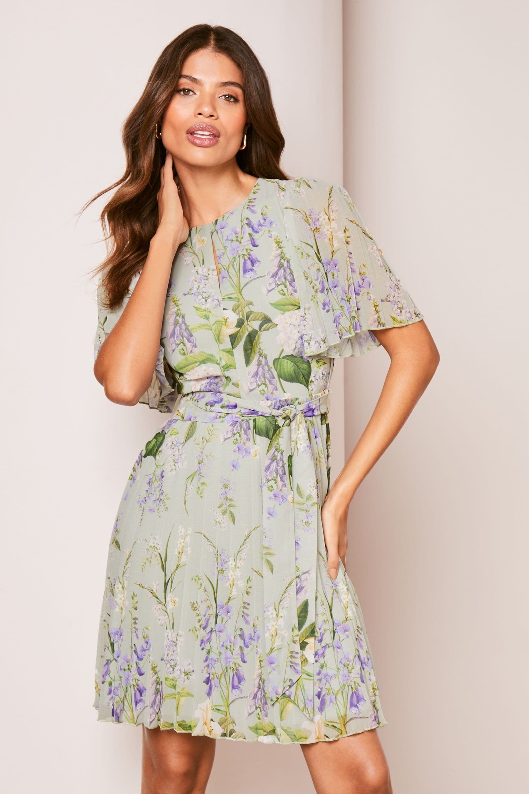 Buy Lipsy Green Floral Print Short Flutter Sleeve Pleated Mini Dress from Next Luxembourg
