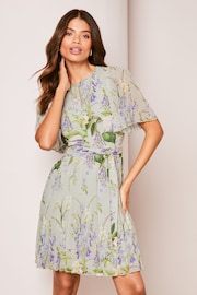Lipsy Green Floral Print Short Flutter Sleeve Pleated Mini Dress - Image 1 of 4