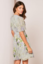 Lipsy Green Floral Print Short Flutter Sleeve Pleated Mini Dress - Image 2 of 4