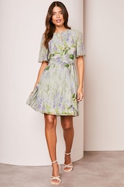 Lipsy Green Floral Print Short Flutter Sleeve Pleated Mini Dress - Image 3 of 4