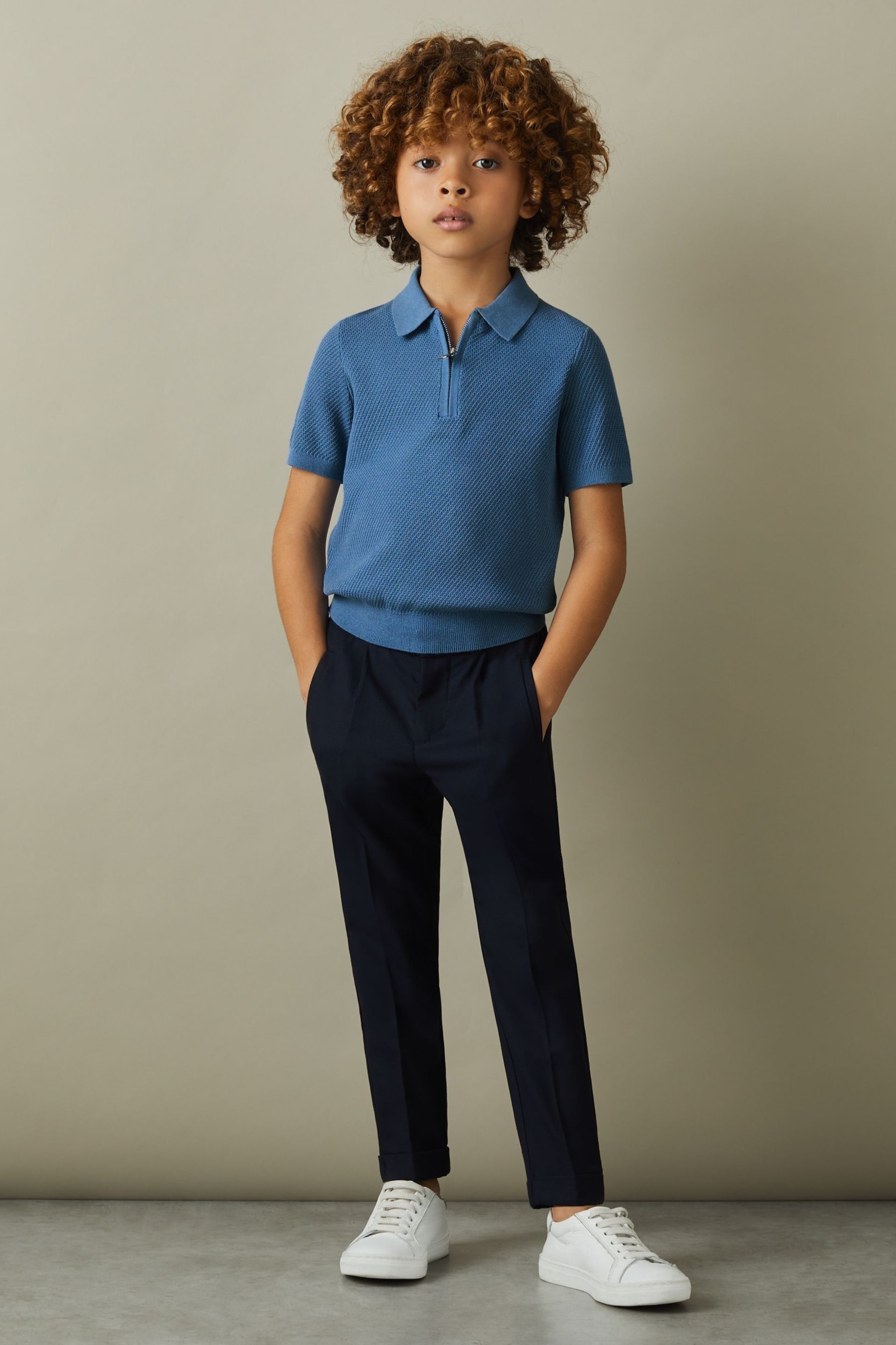 Reiss Blue Ivor Senior Textured Half-Zip Neck Polo Shirt - Image 1 of 5