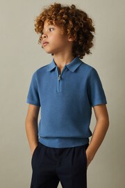 Reiss Blue Ivor Senior Textured Half-Zip Neck Polo Shirt - Image 3 of 5