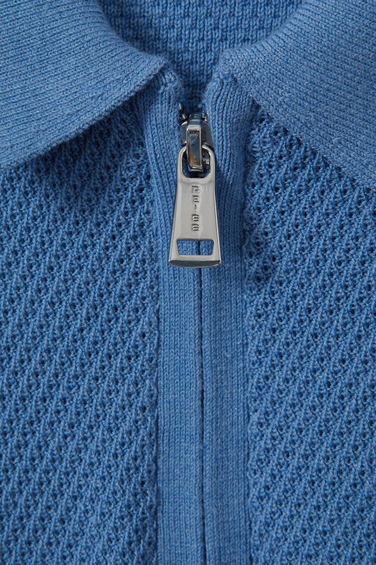 Reiss Blue Ivor Senior Textured Half-Zip Neck Polo Shirt - Image 5 of 5