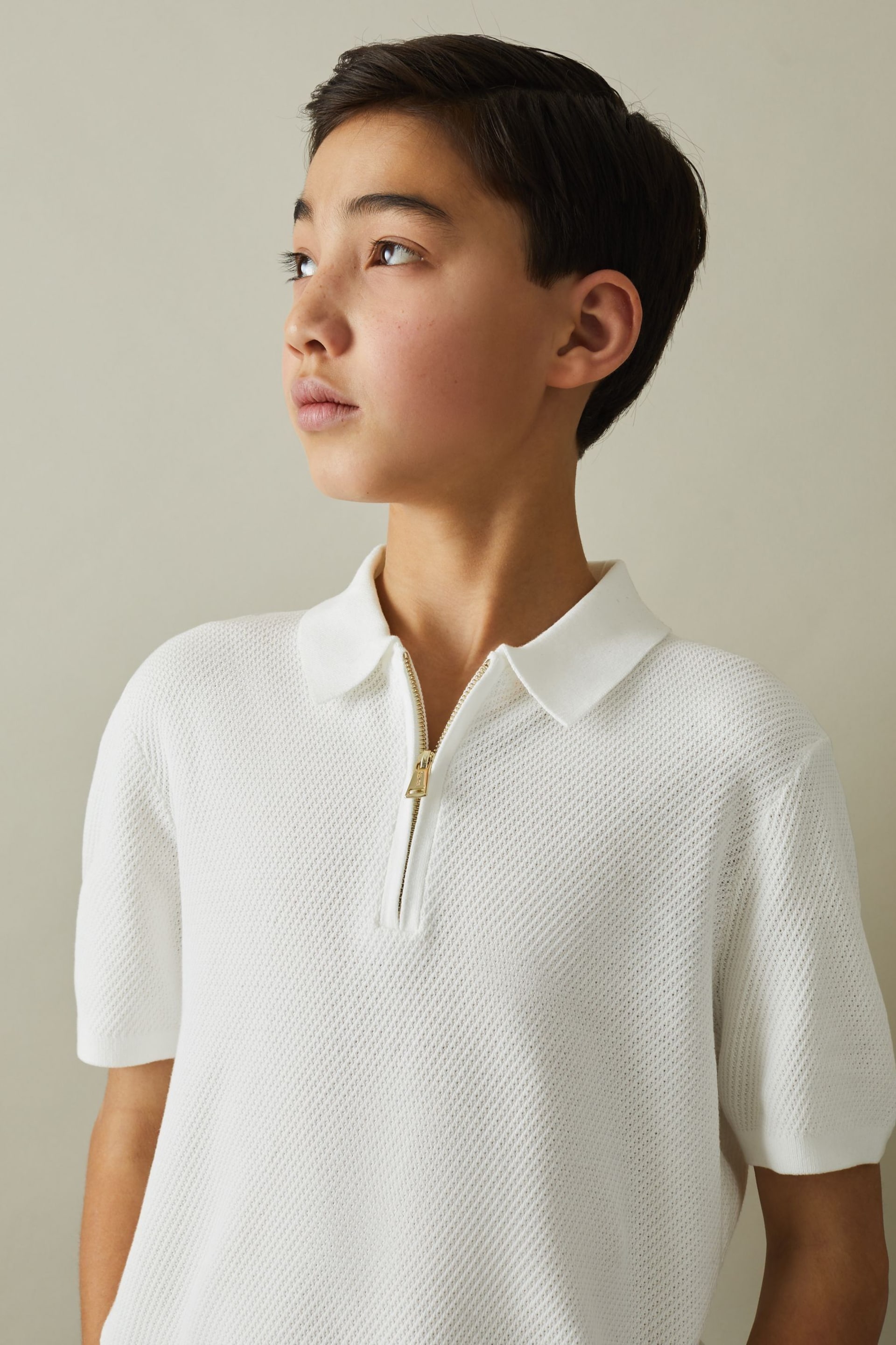 Reiss White Ivor Senior Textured Half-Zip Neck Polo Shirt - Image 1 of 5