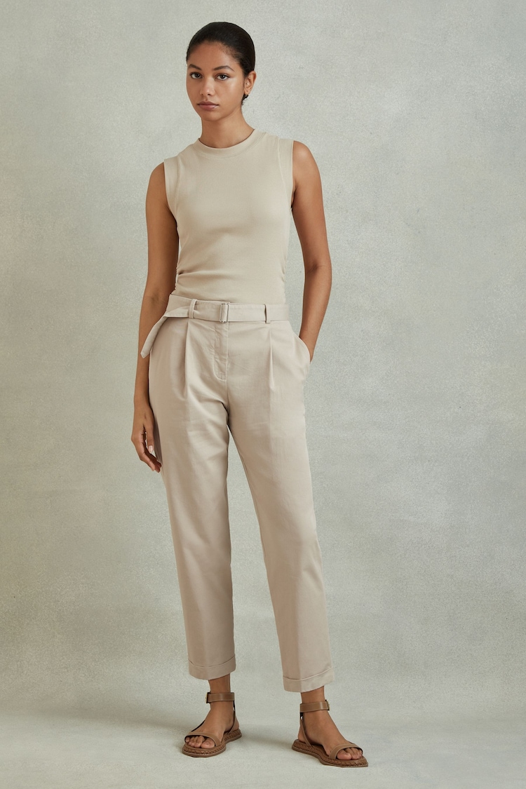 Reiss Stone Hutton Cropped Cotton Blend Belted Trousers - Image 1 of 5