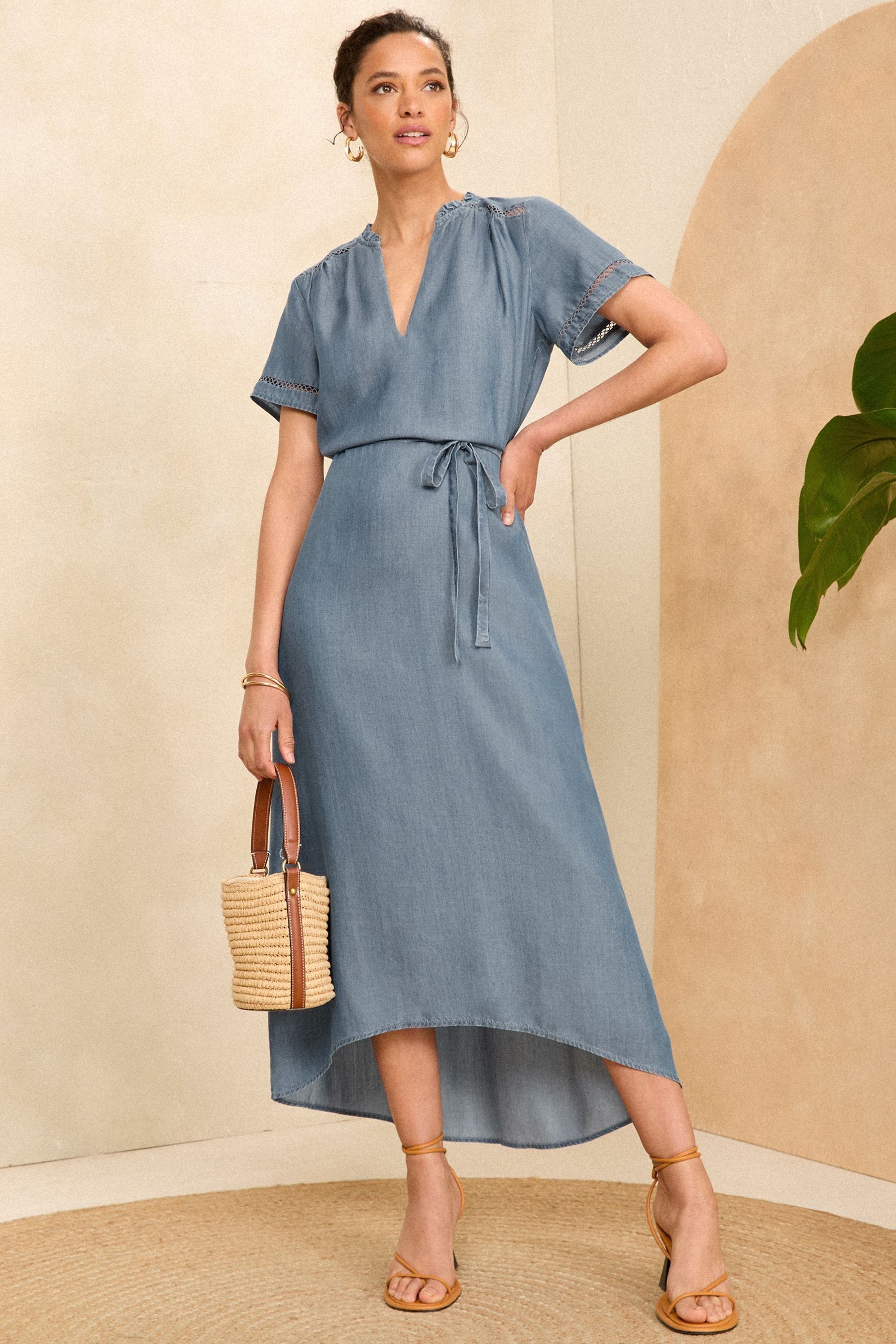 Buy Love Roses Navy Blue Short Sleeve Crochet Detail Tencel Denim Midi Dress from Next Lithuania