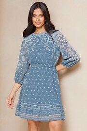 Lipsy Blue Belted Woven Print 3/4 Sleeve Mini Shift Dress - Image 1 of 4