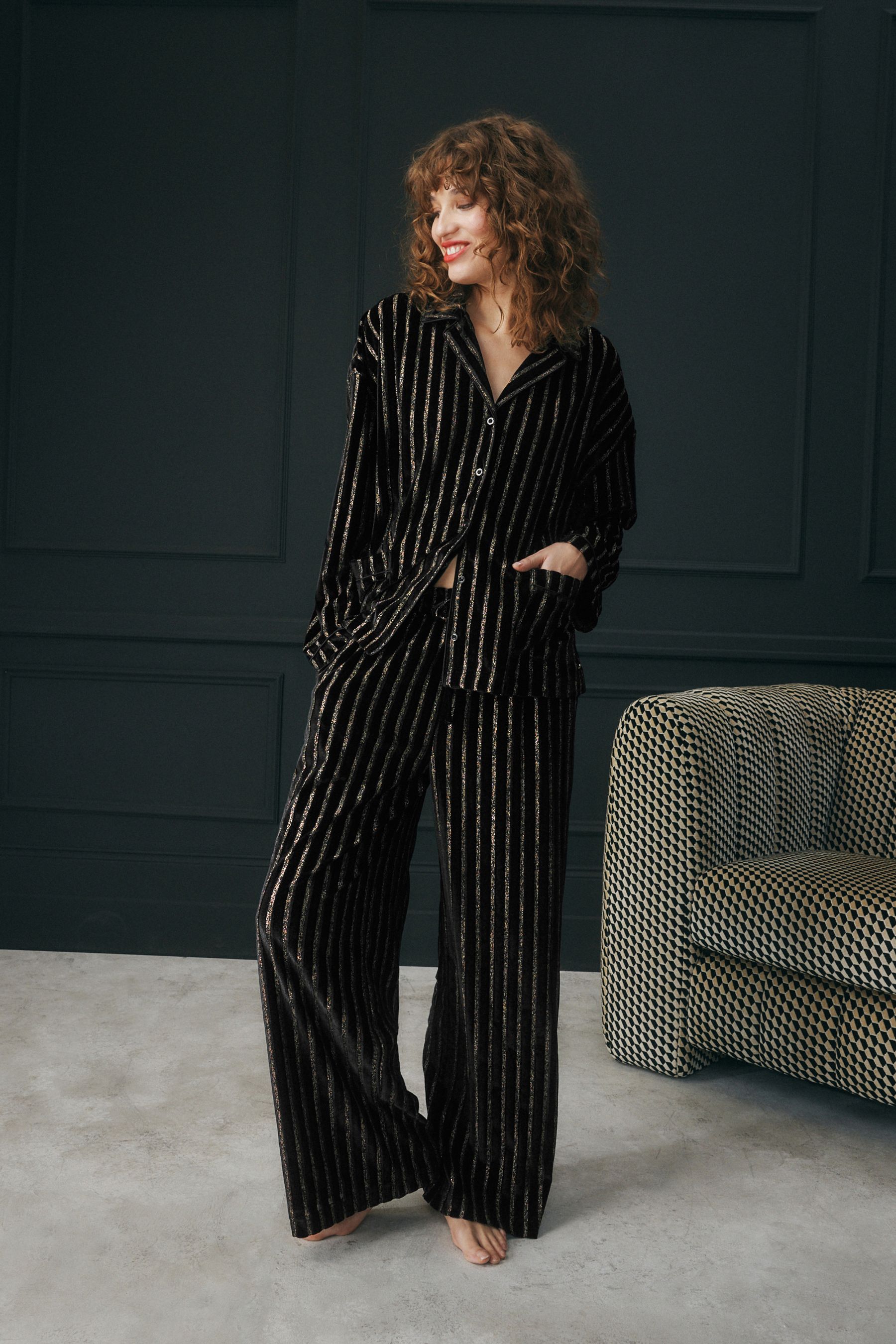 Buy Rockett St George Black and Gold Lurex Stripe Button Up Pyjamas Set from Next Australia