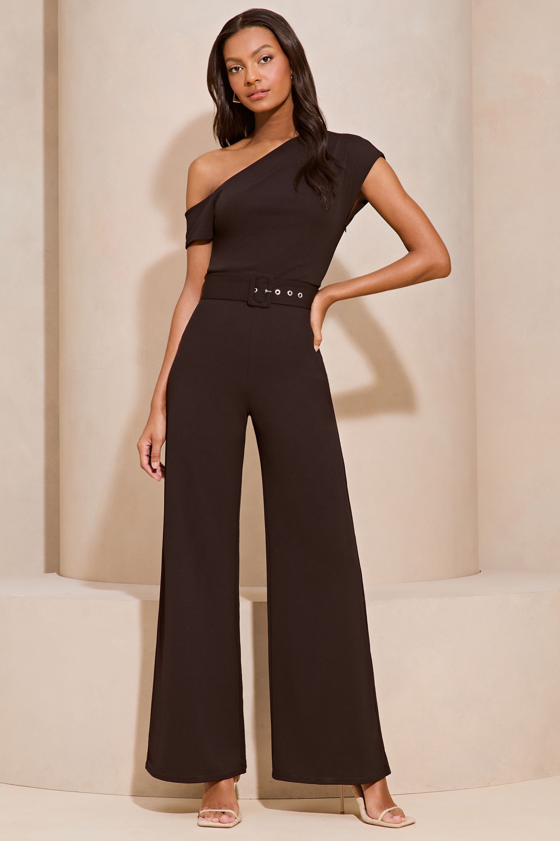 Buy Lipsy Black Belted One Shoulder Bardot Wide Leg Jumpsuit from the Next UK online shop