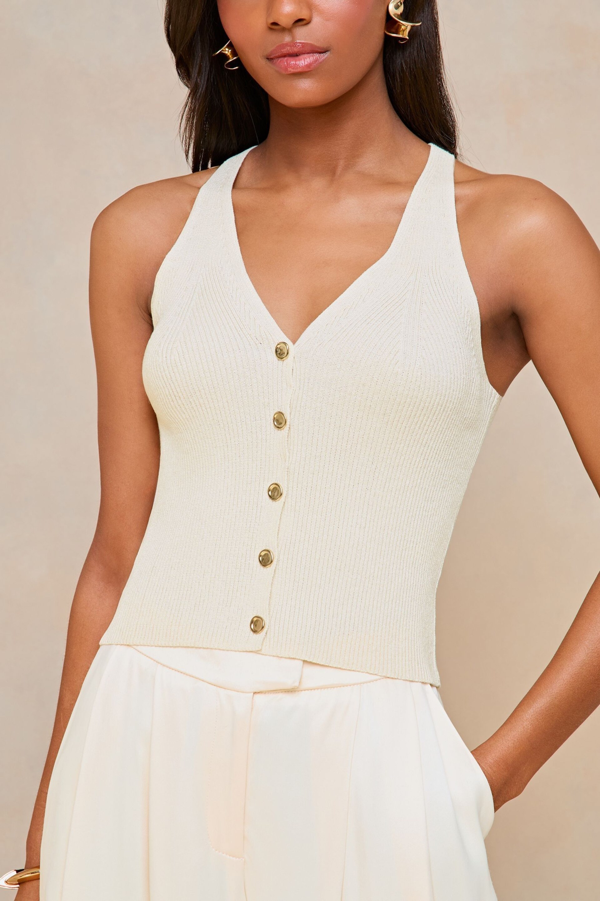 Lipsy Ivory White Knit Button Through Vest Top - Image 4 of 4