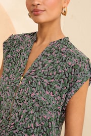 Love & Roses Khaki Green Animal Roll Sleeve Zip Top - Image 2 of 4