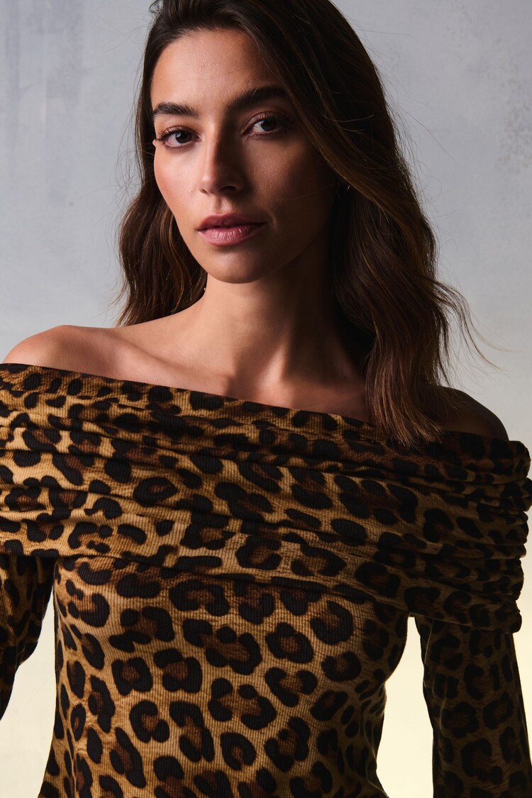 Leopard Print Ribbed Bardot Long Sleeve Top - Image 1 of 7