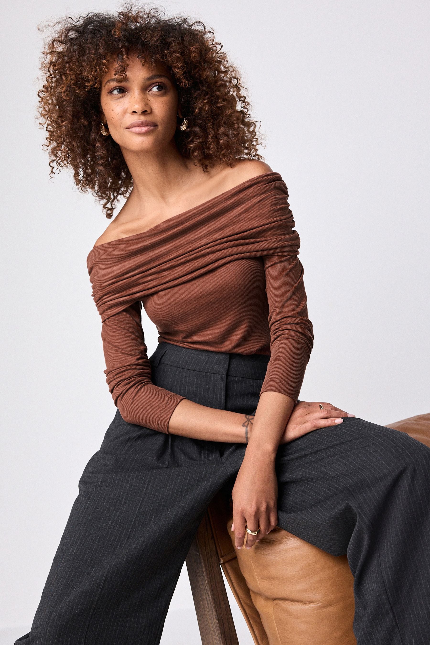 Rust Brown Ribbed Bardot Long Sleeve Top