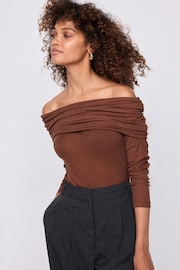 Rust Brown Ribbed Bardot Long Sleeve Top - Image 2 of 6