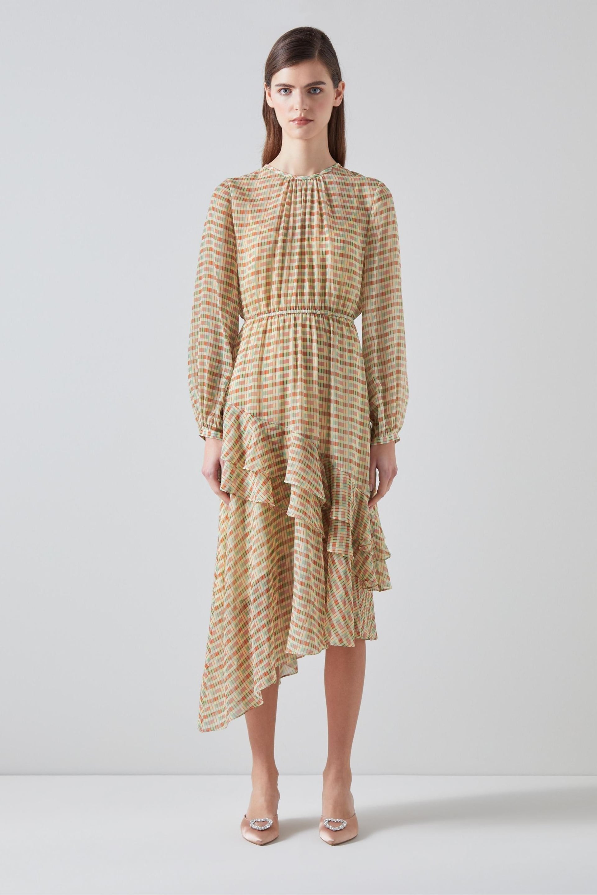 LK Bennett Mini Bea Check Silk Chiffon Ruffle Dress - Image 1 of 5