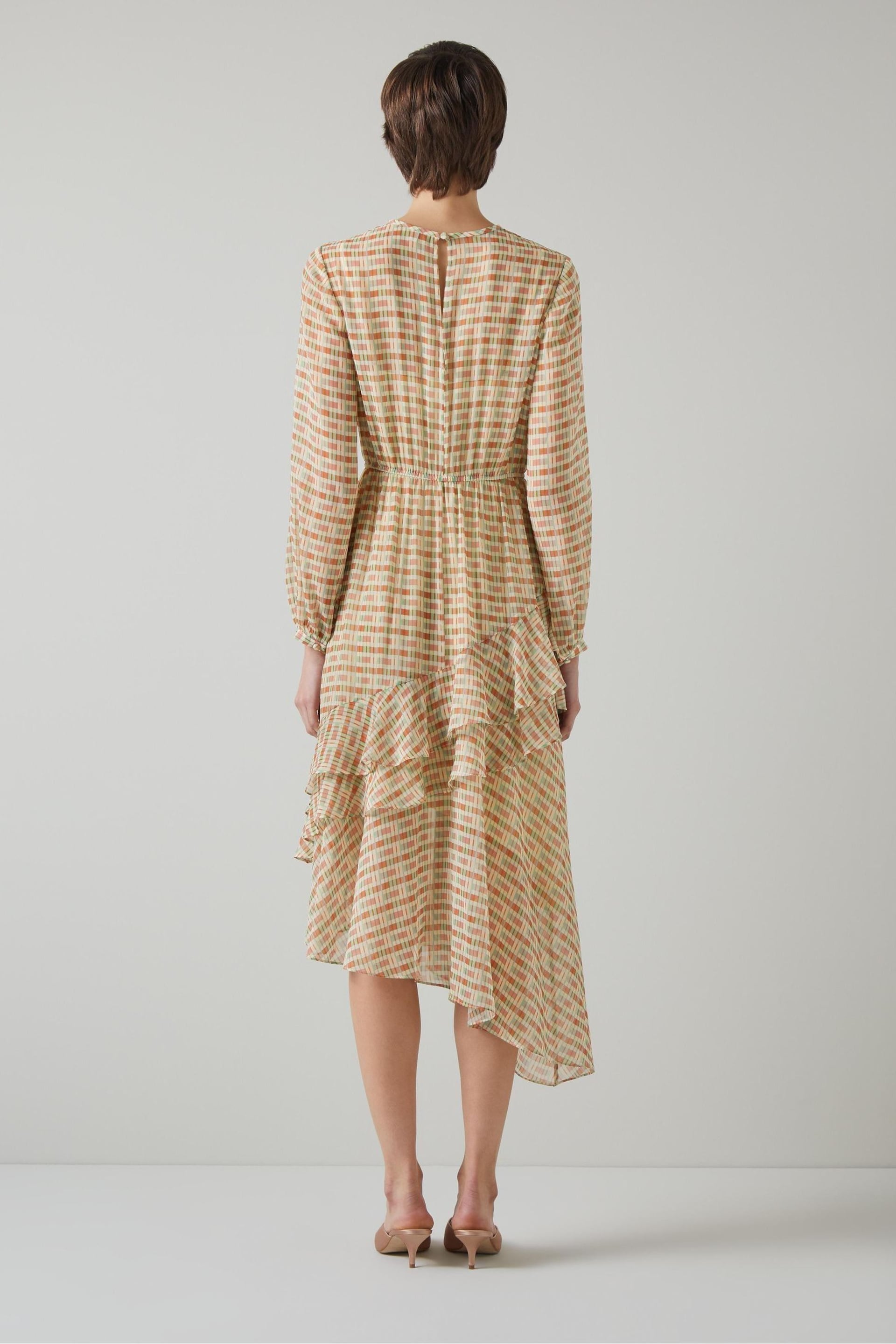 LK Bennett Mini Bea Check Silk Chiffon Ruffle Dress - Image 2 of 5
