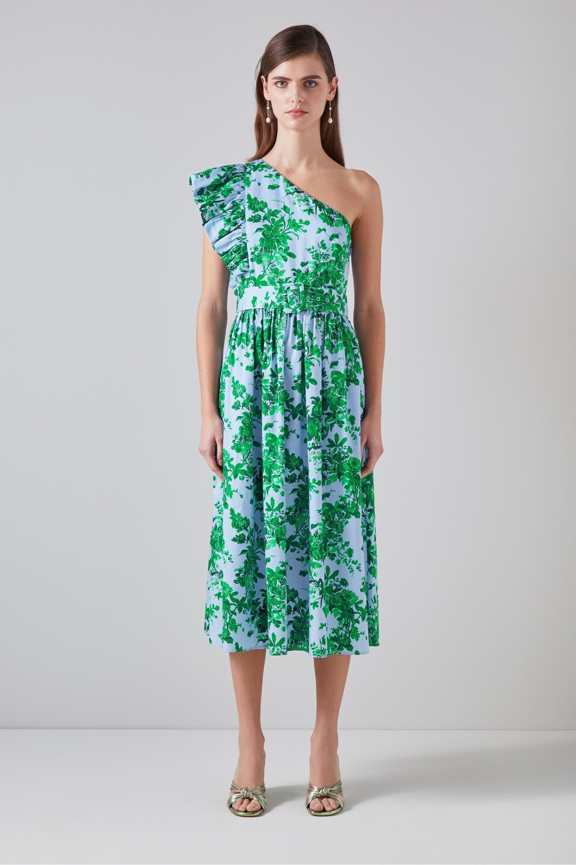 LK Bennett Maud Neon Garden Print Cotton One-Shoulder Dress - Image 1 of 4