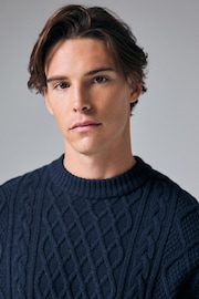 Navy Blue Wool Blend Cable Knit Crew Jumper - Image 4 of 7