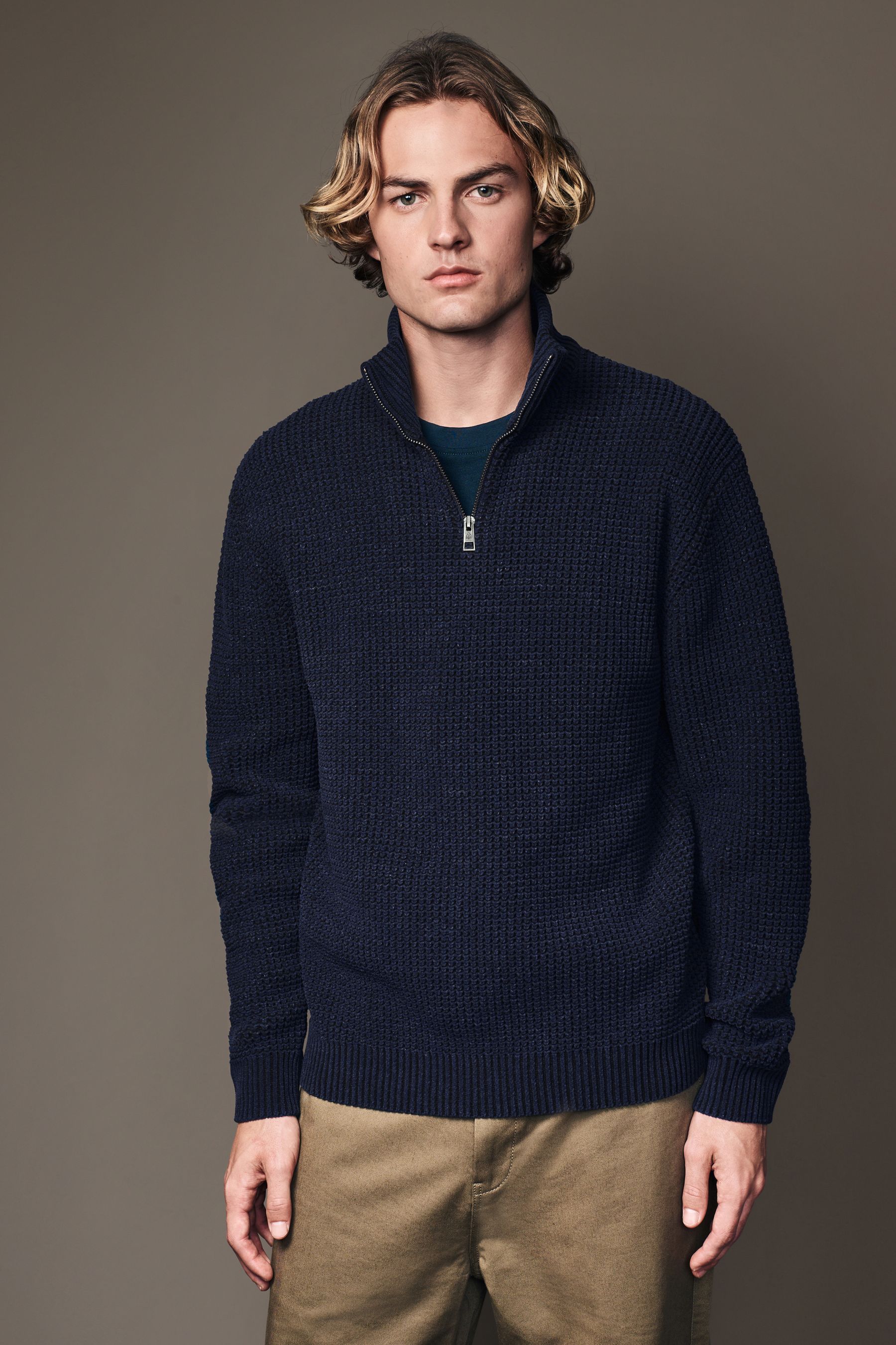 Buy Navy Blue Quarter Zip Regular Fit Chenille Texture Jumper from Next Ireland