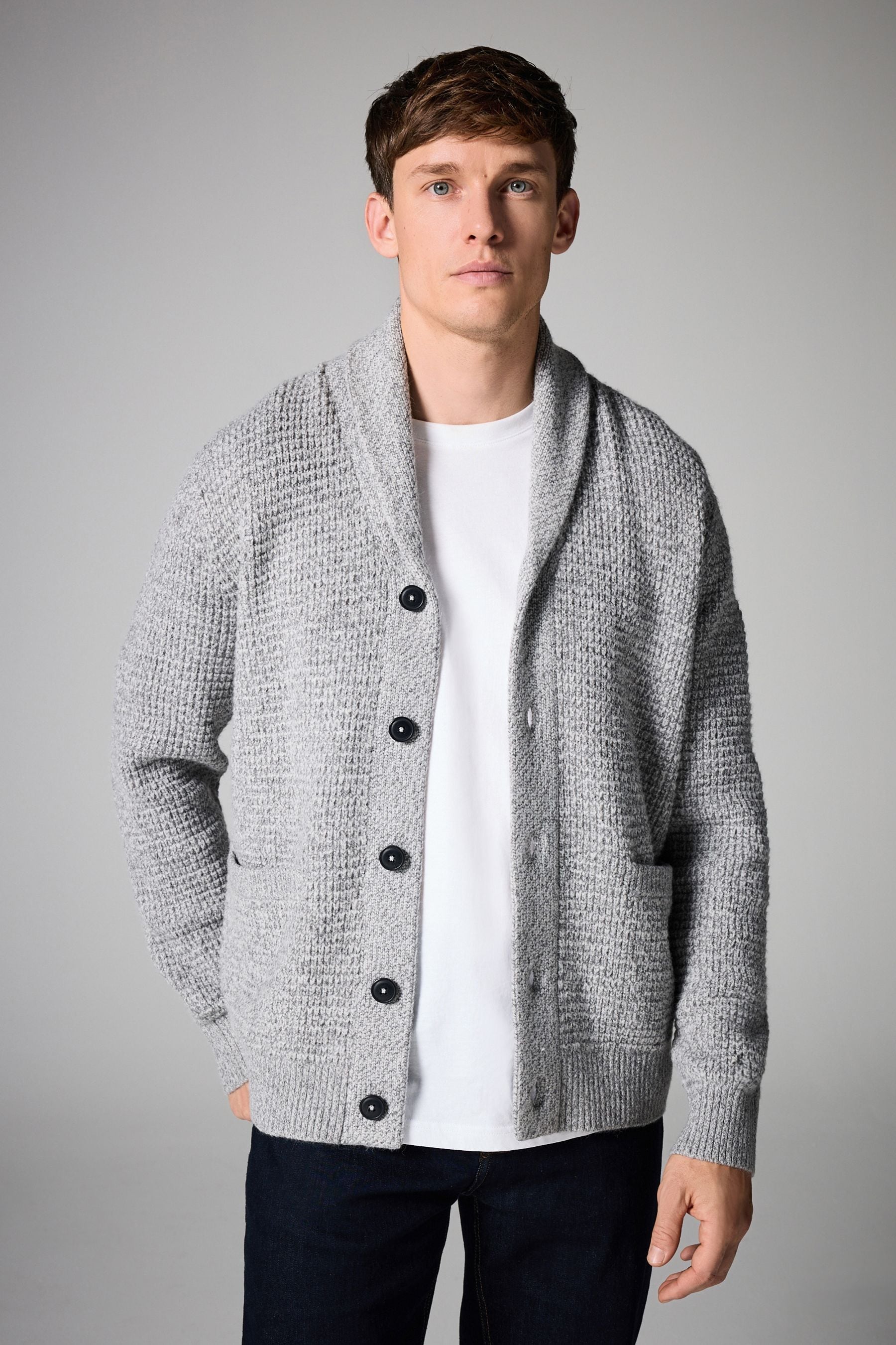 Buy Grey Regular Fit Waffle Texture Shawl Cardigan from Next Canada