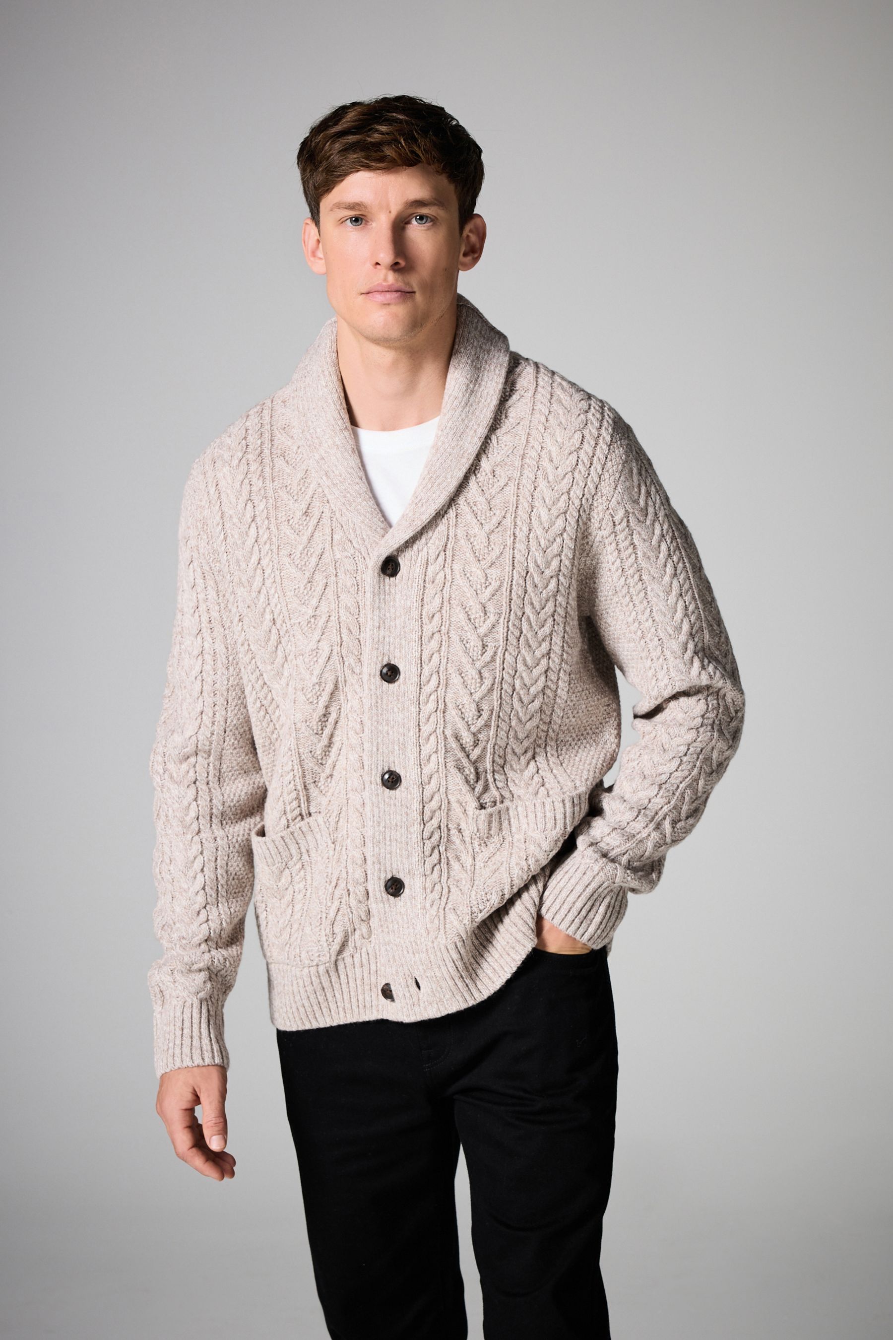 Neutral Texture Wool Blend Shawl Cable Knit Cardigan