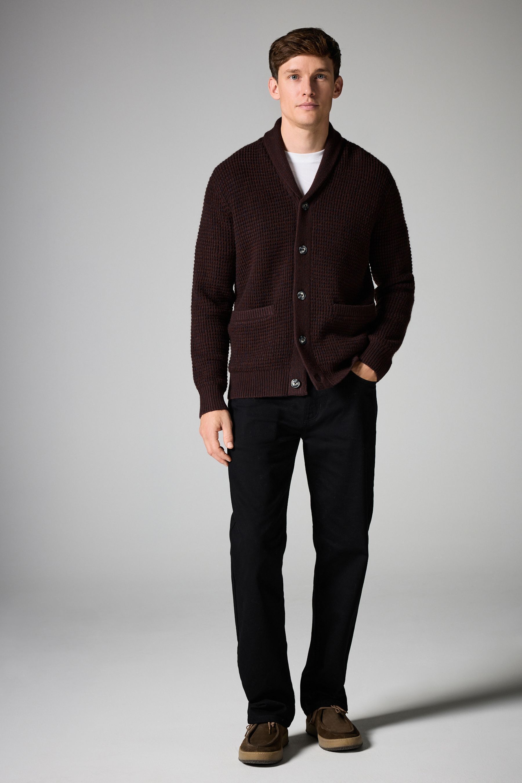 Buy Chocolate Brown Regular Fit Waffle Texture Shawl Cardigan from Next Oman