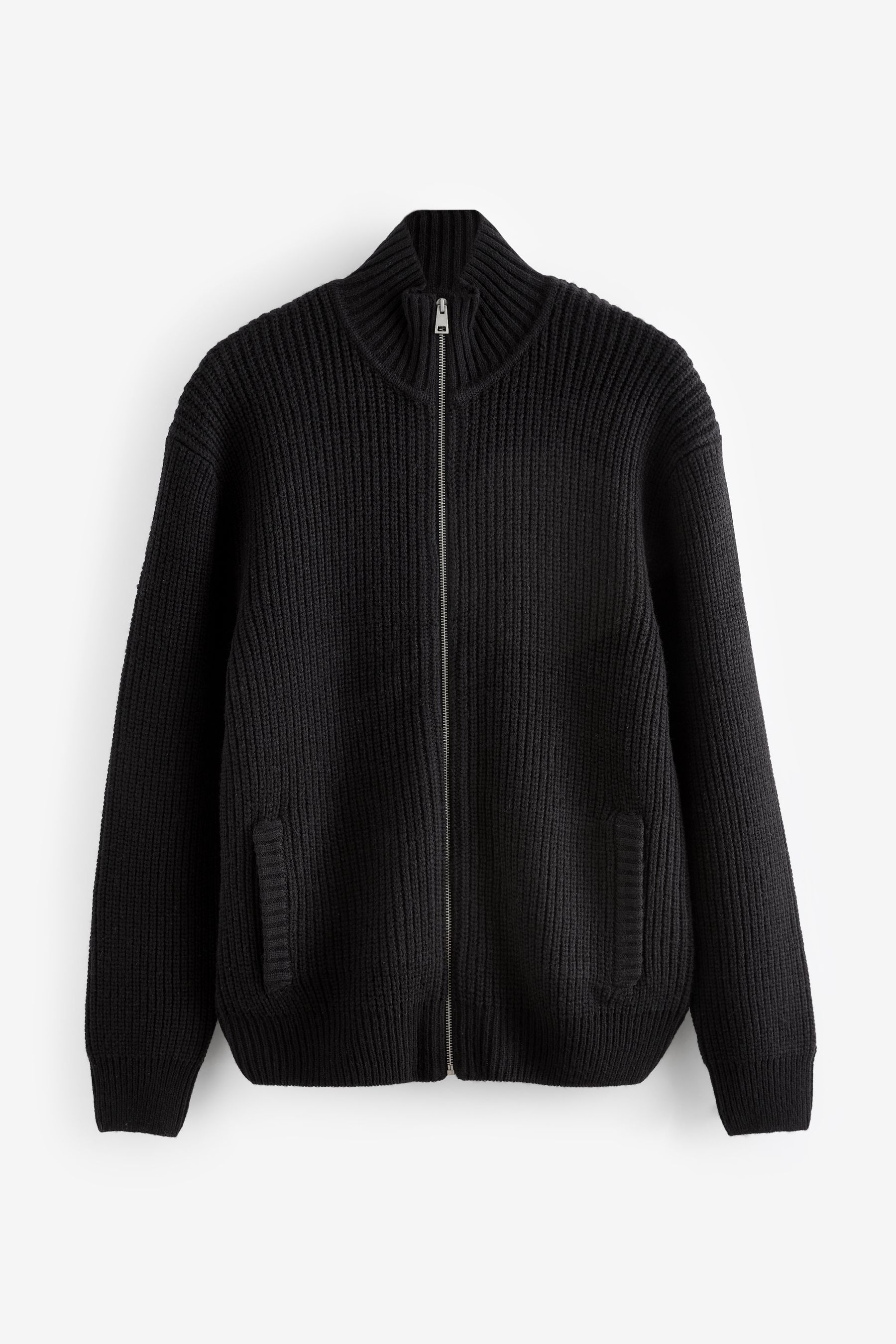 Black Zip Through Regular Fit Rib Jumper with Wool