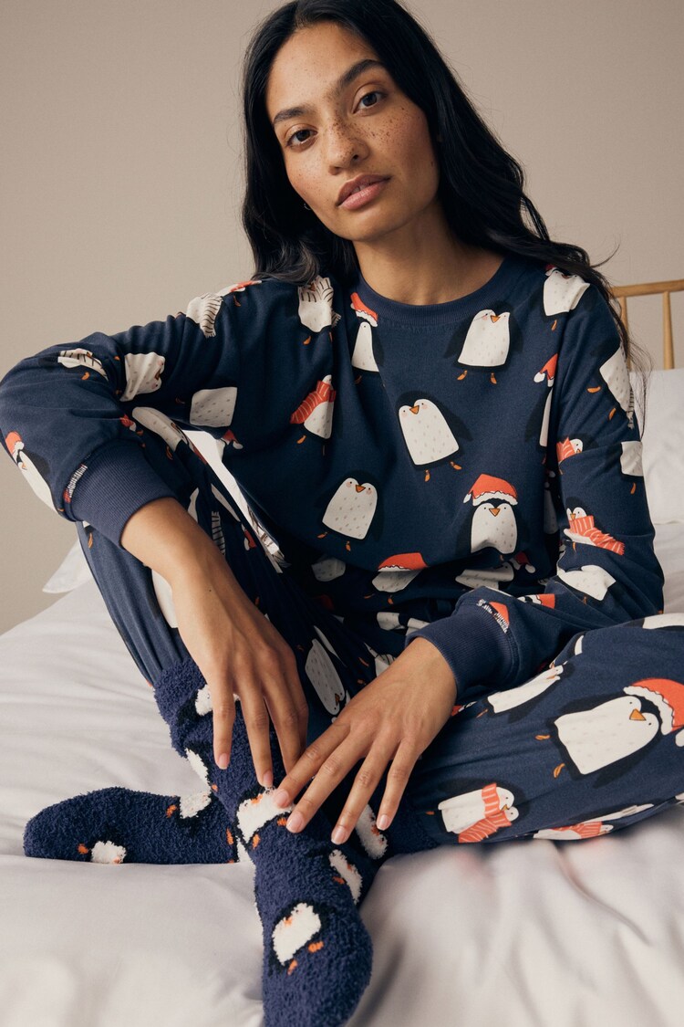 Navy Blue Matching Family Womens Christmas Penguin Pyjamas - Image 1 of 10