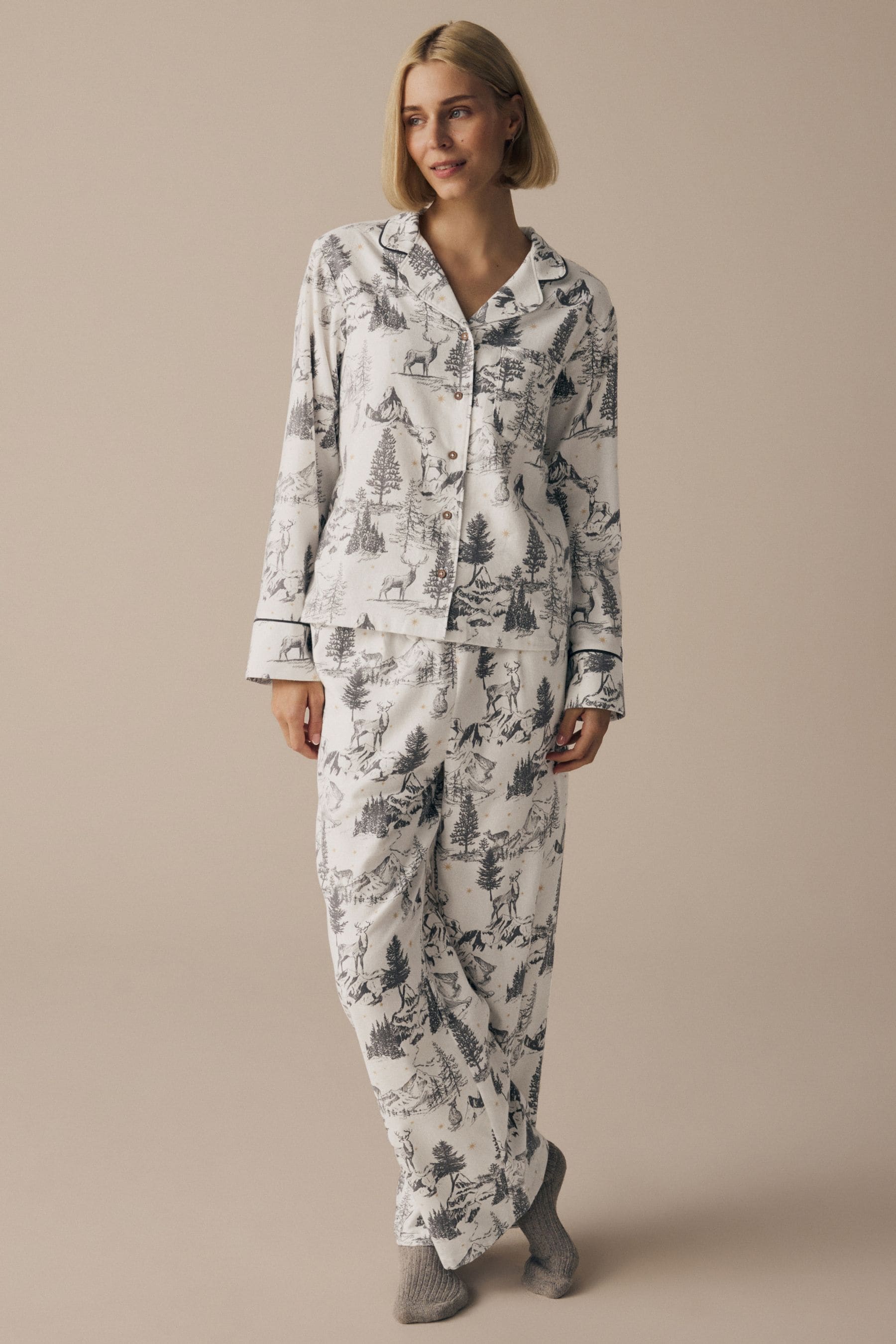 Grey Womens 100 Cotton Matching Family Christmas Mountain Print Pyjamas