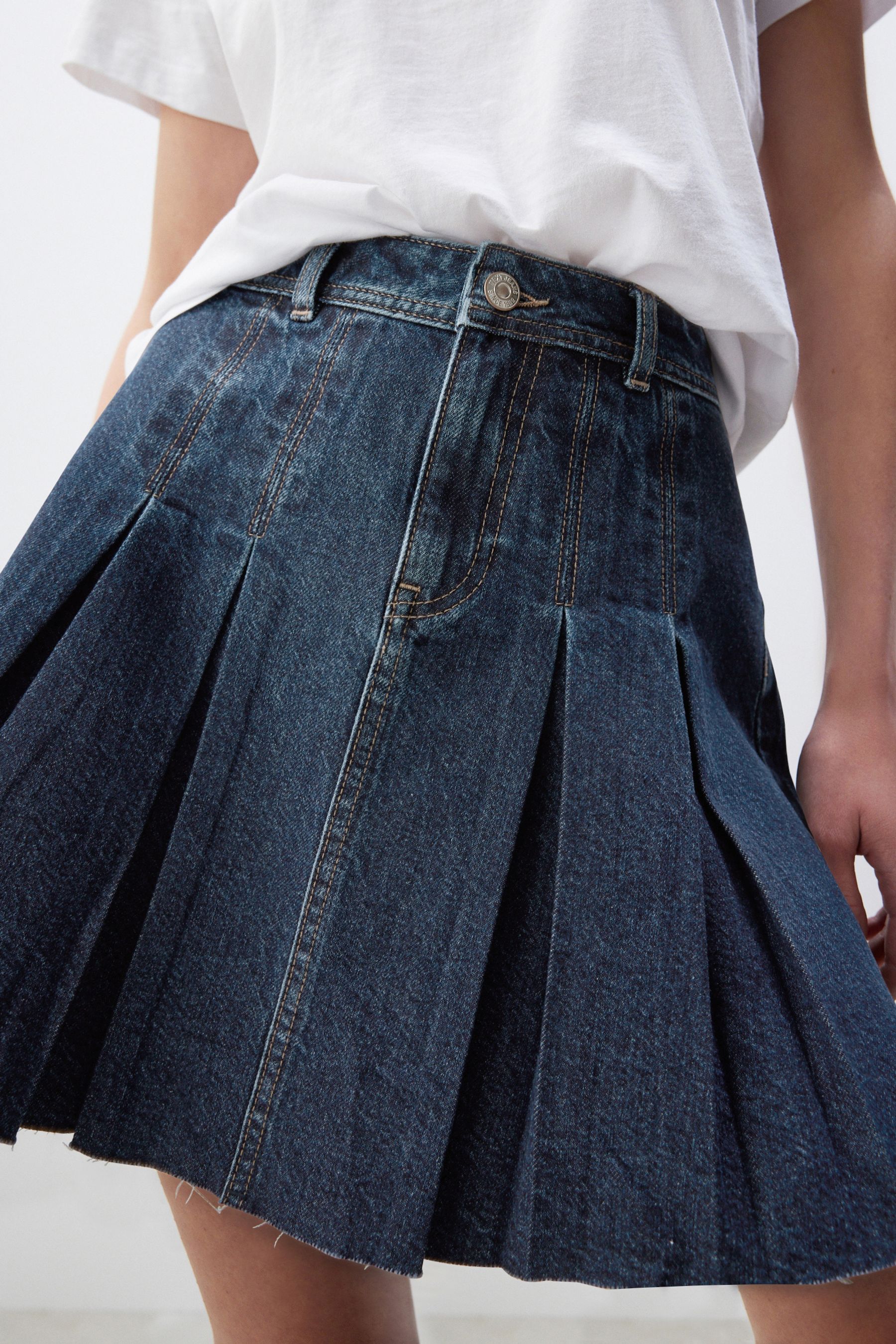 Buy Dark Blue 100 Cotton Pleated Denim Mini Skirt from the Next UK online shop