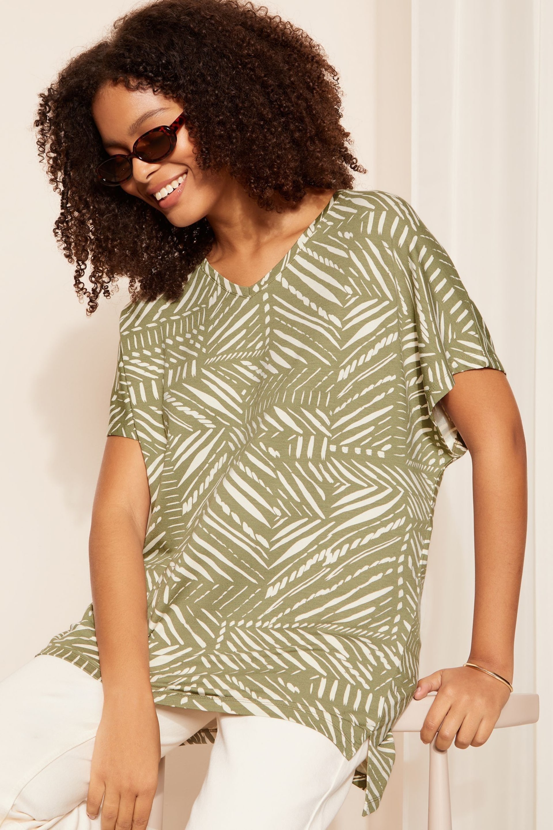 Friends Like These Green Palm Print Petite Short Sleeve V Neck Tunic Top - Image 1 of 4