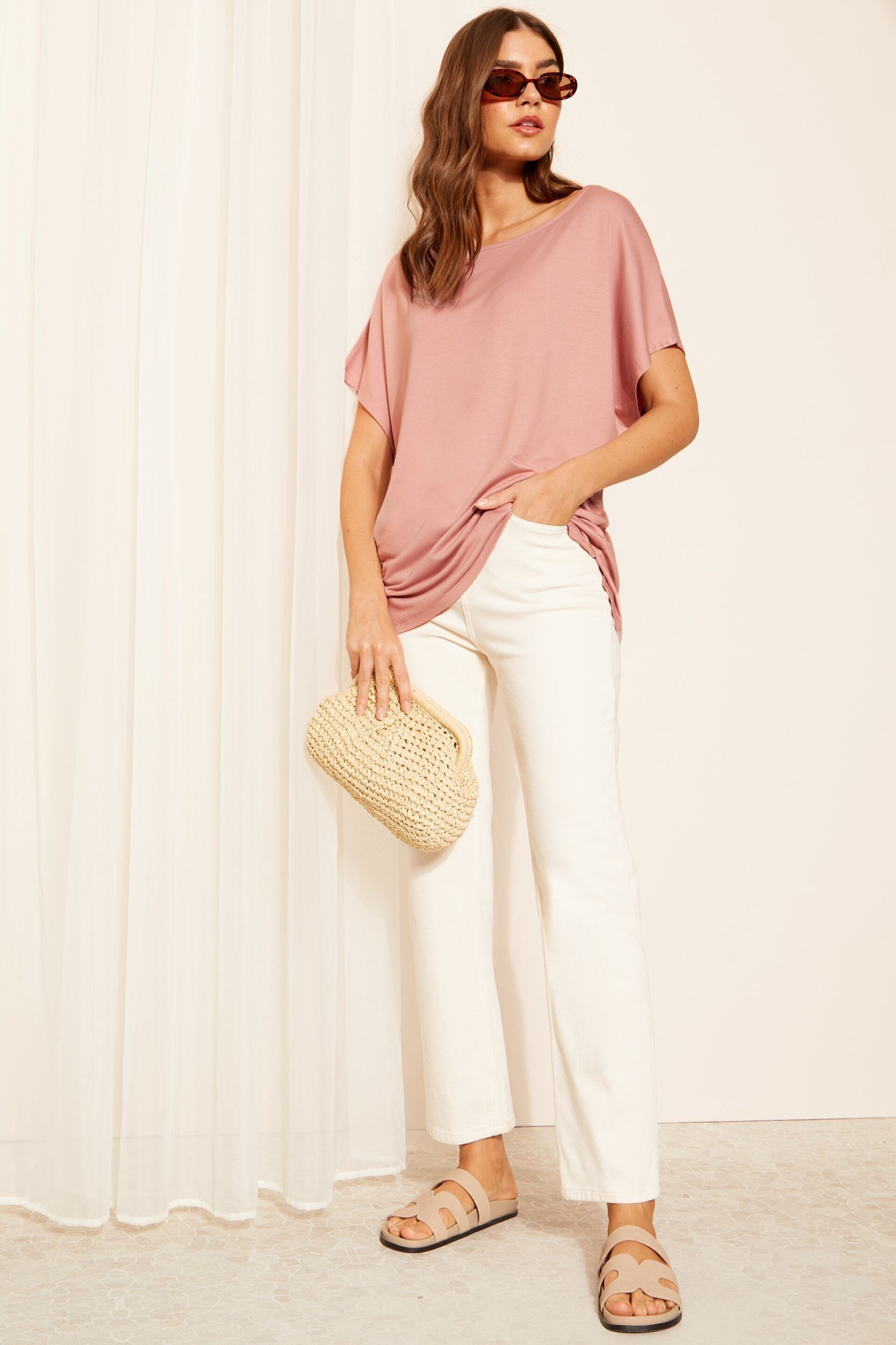 Friends Like These Pink Soft Jersey Short Sleeve Slash Neck Tunic - Image 2 of 4