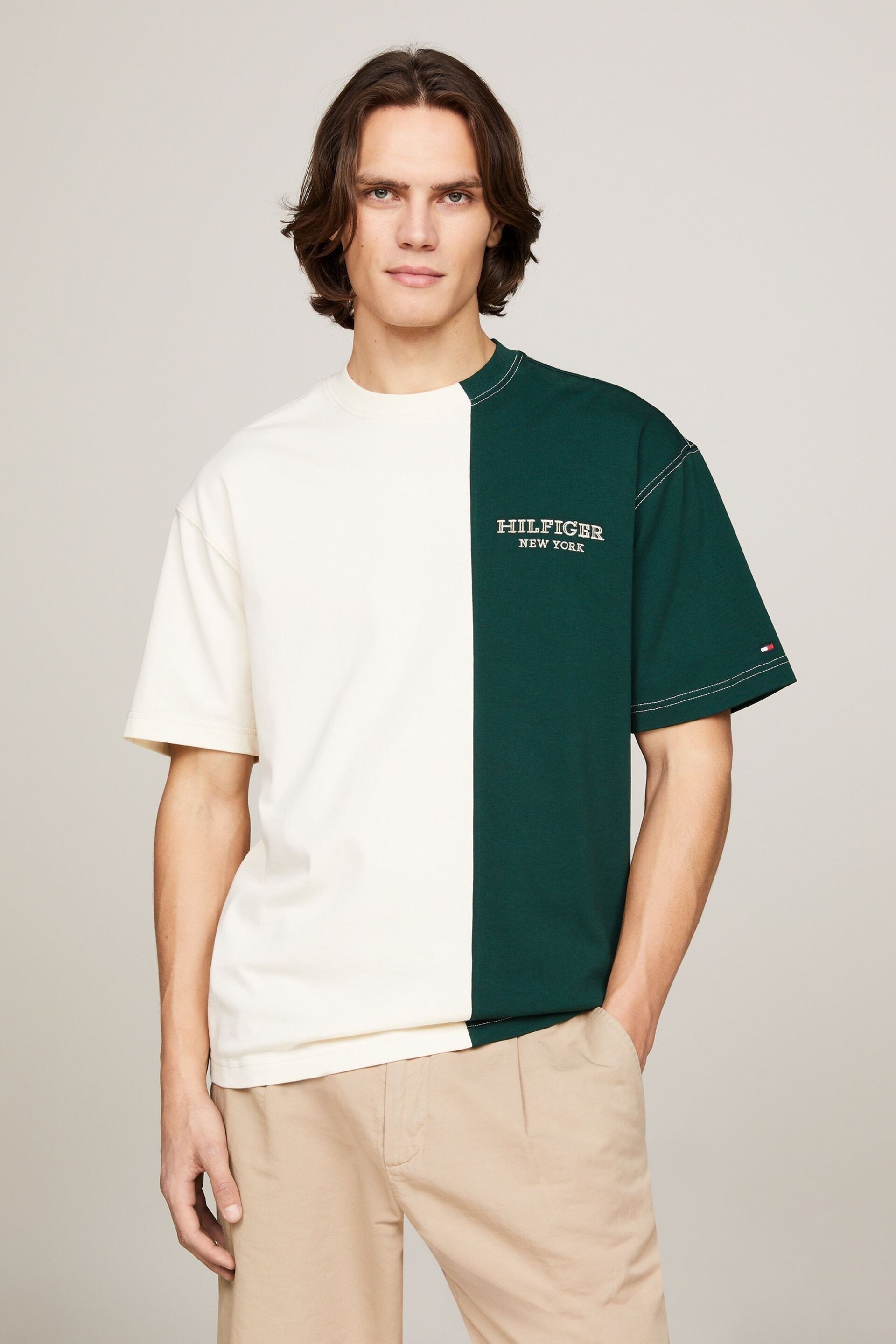 Tommy Hilfiger Green Monotype Colourblock T-Shirt - Image 1 of 3